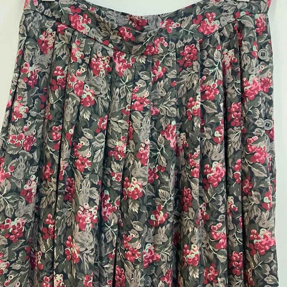 Vintage Susan Bristol Green & Black Rabbit Print Pleated Cottage Midi Skirt Sz 8